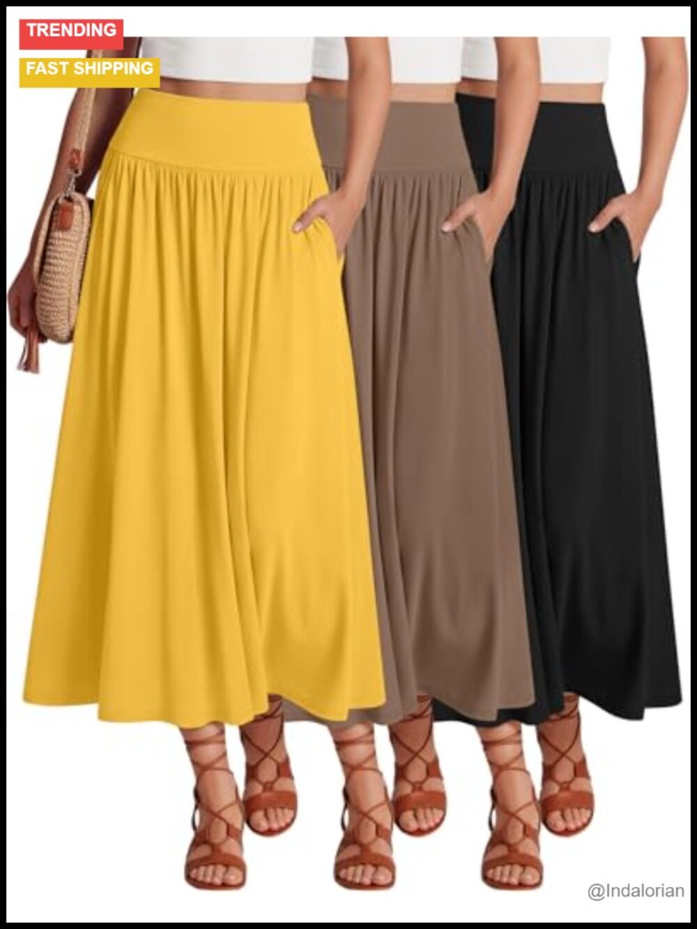 3-Pack Maxi Long Skirts for Women Pleated A-Line Ankle Length with Pockets